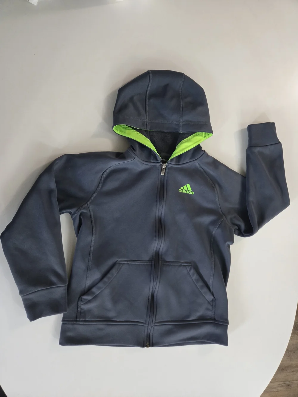 Adidas Kids Navy Hoodie with Bright Green Hood Lining